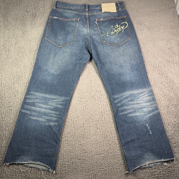 Vintage Y2K Ed Hardy Jeans 38x30 Christian Audigier Embroidered Skull Baggy - Picture 8 of 16